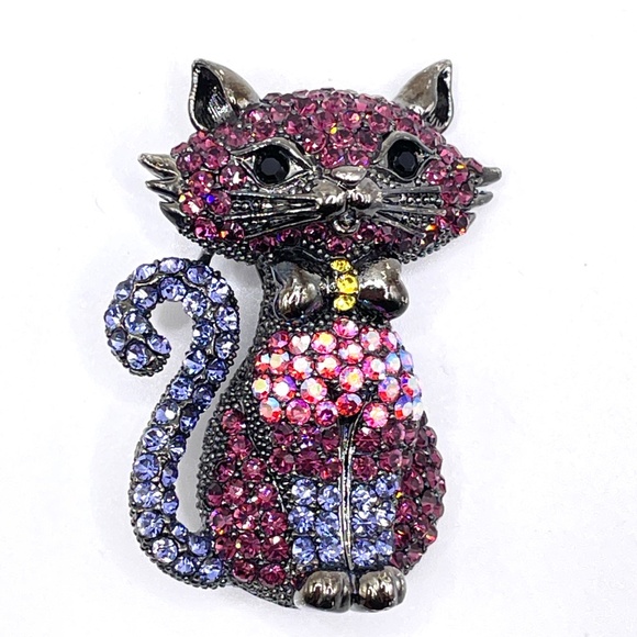 Signed OPCKR Japanned Glass Rhinestone Kitty Cat Pin Brooch - Picture 1 of 7